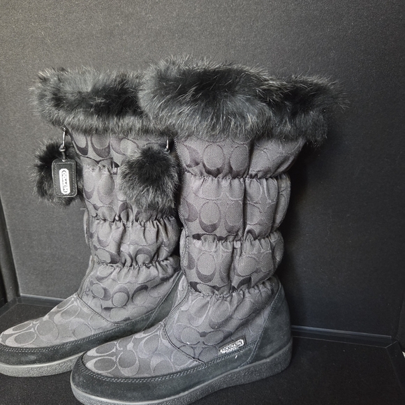 Coach Snow Boots Women's 8.5 Black Fur Trimmed - Picture 2 of 14